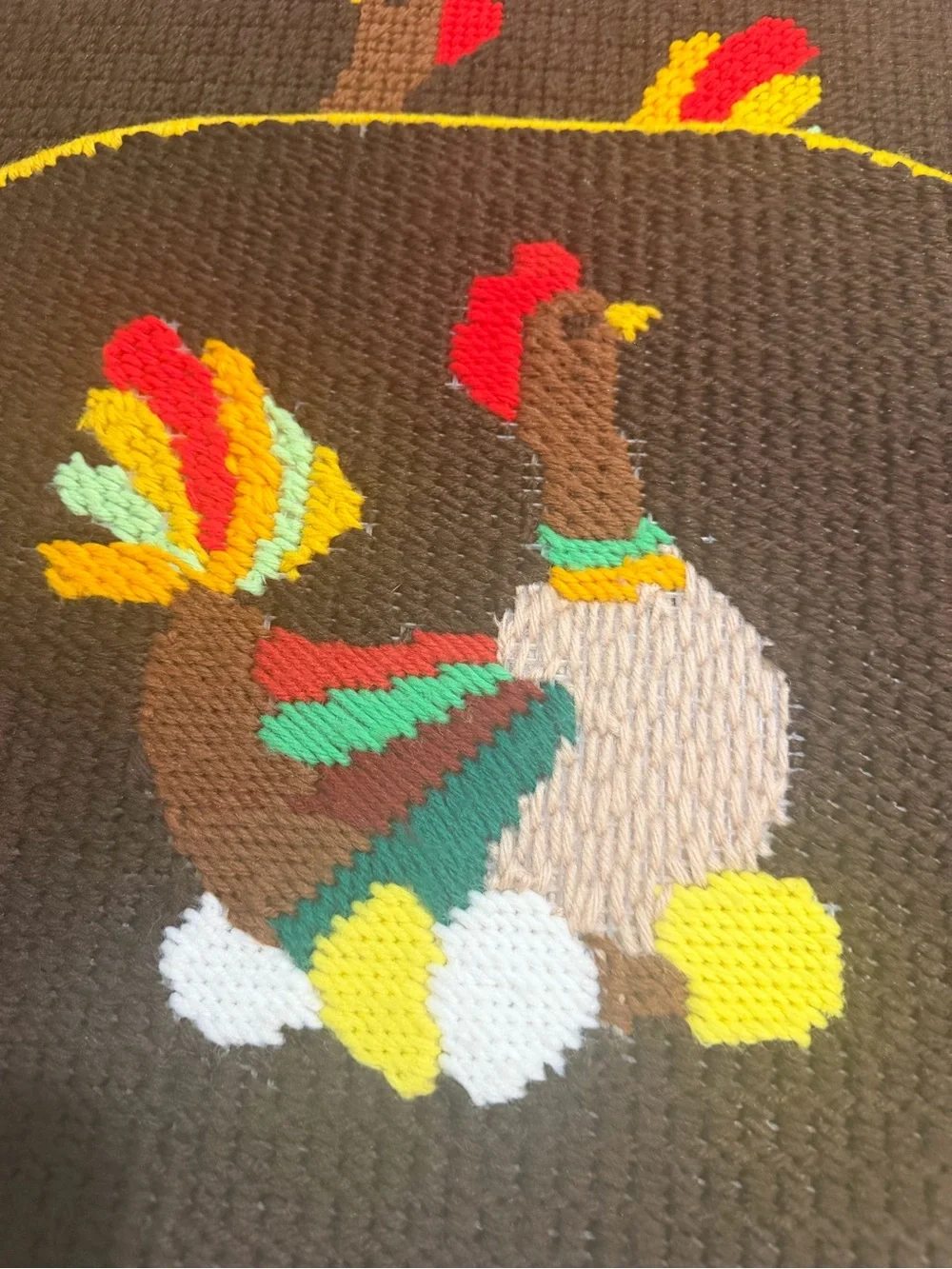 Vintage 1970s Turkey Needlepoint Placemats Set of 4 Thanksgiving Yarn Embroidery